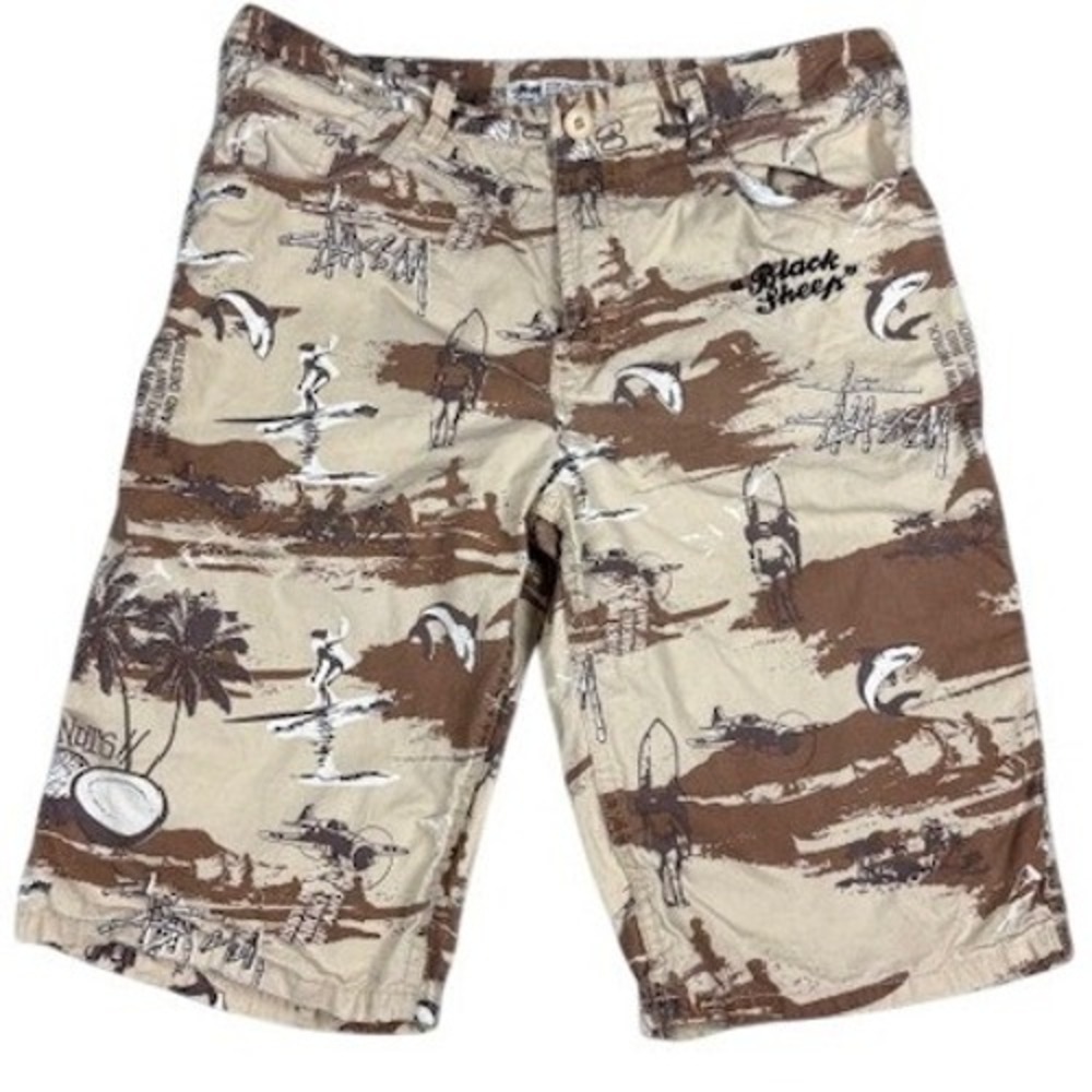 Stussy Shorts Mens 32 Black Sheep Dawn Patrol Tropical Surfer Graphic Tan Brown
